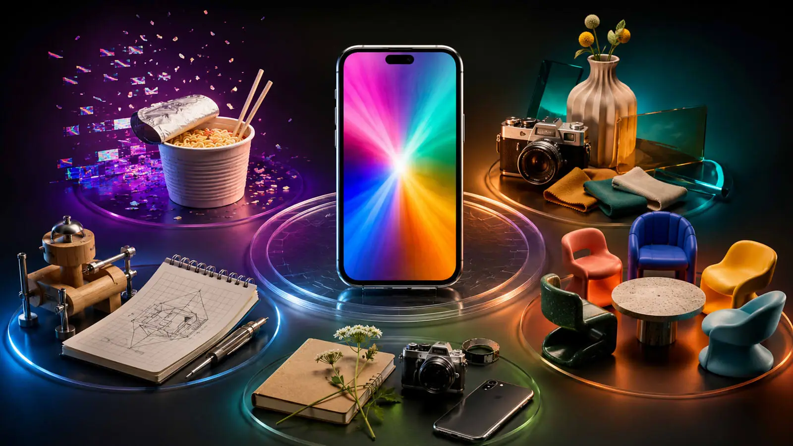 Обложка квиза «Какой ты тип зумера?» со смартфоном, камерой, лапшой, блокнотом и яркой мебелью в неоновой цифровой атмосфере