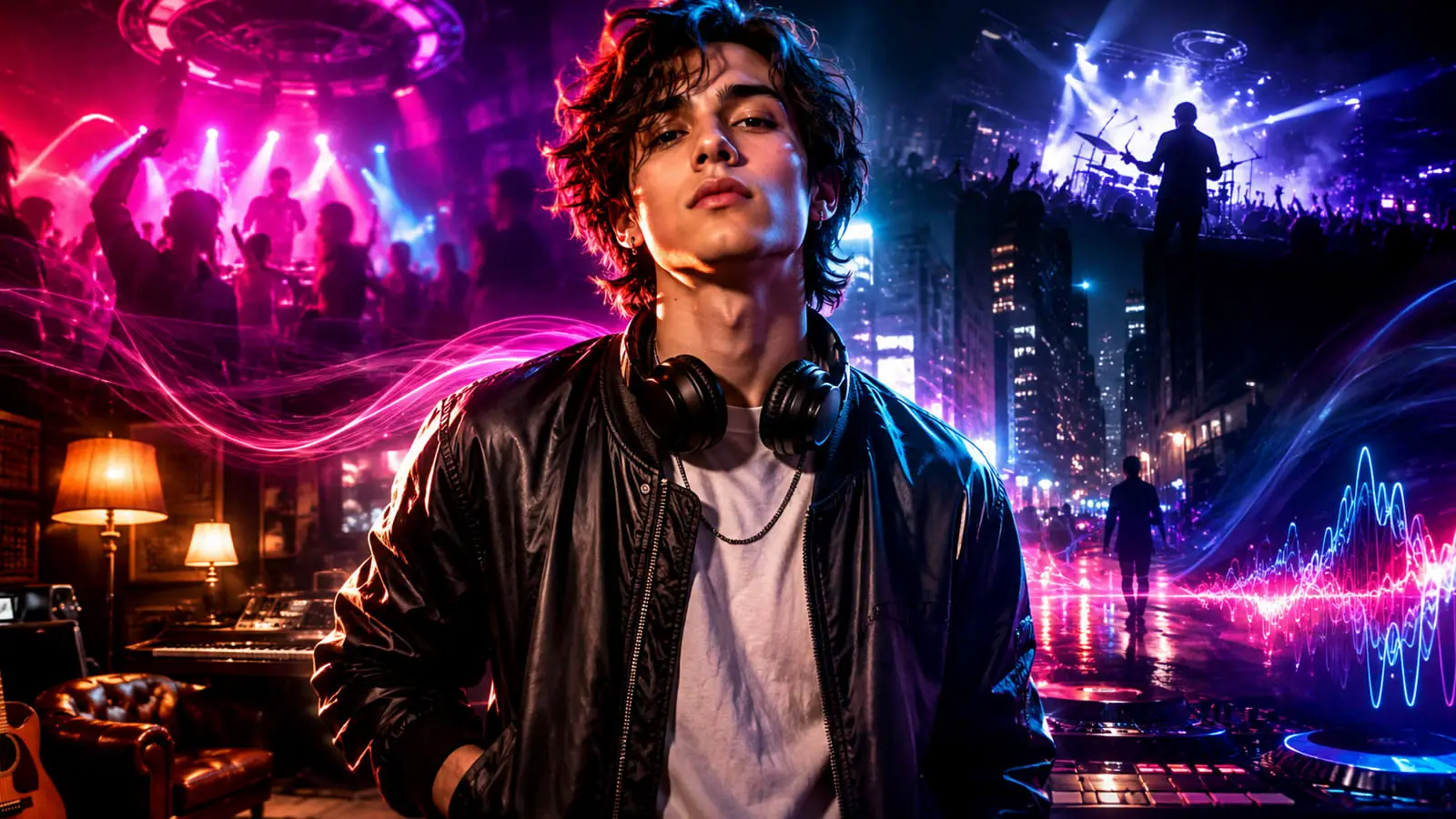 Обложка квиза «Какой ты жанр песен?» с молодым человеком в наушниках на фоне неоновой вечеринки, концерта и световых волн