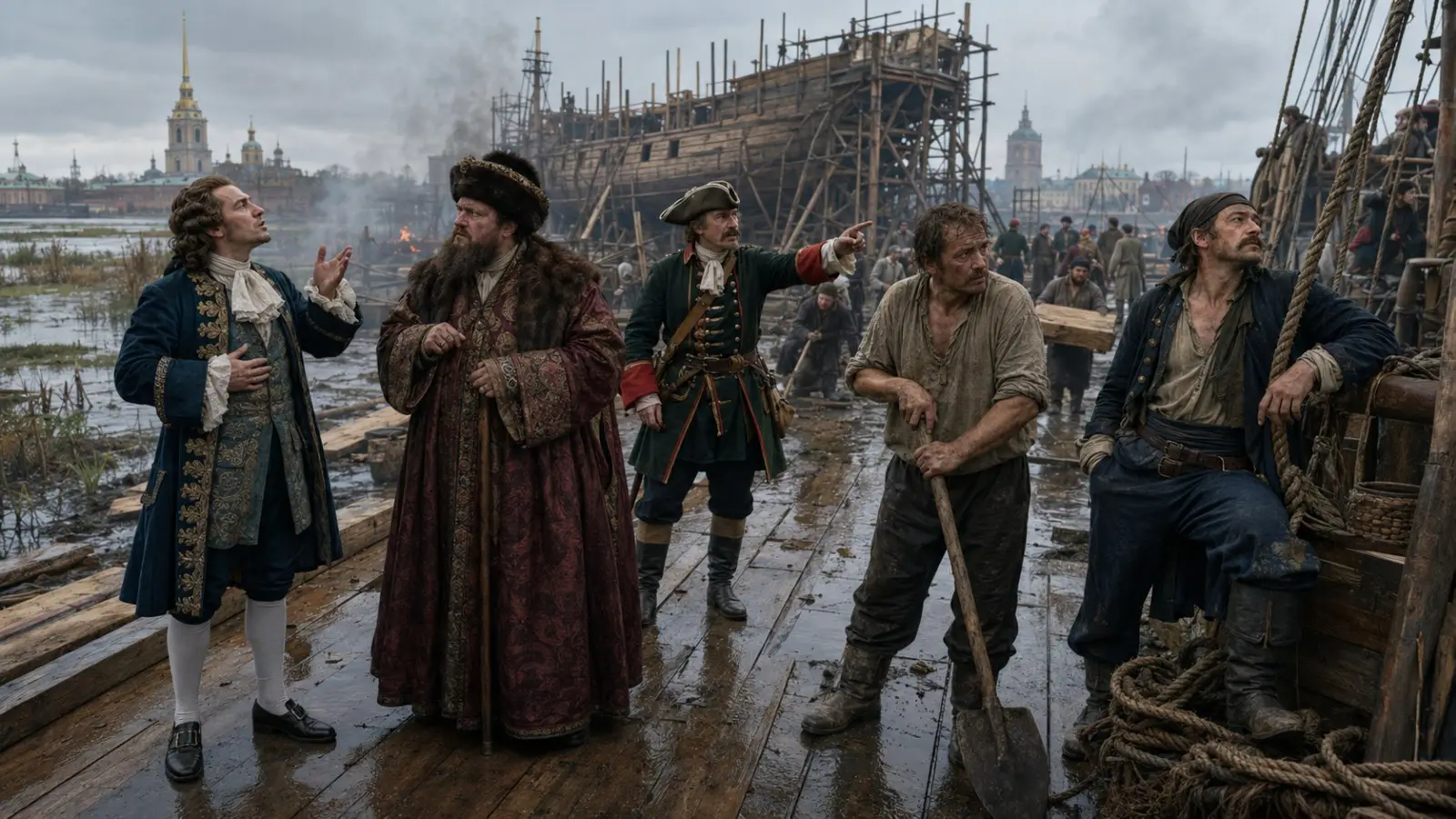 Обложка теста по фильму «Холоп 3» с людьми в костюмах эпохи Петра I на корабельной верфи у старого города