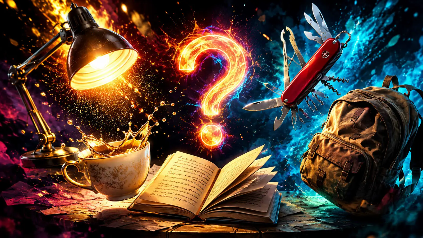 Обложка теста «Какой ты предмет?» с лампой, чашкой, книгой, рюкзаком и ярким вопросительным знаком на цветном фоне