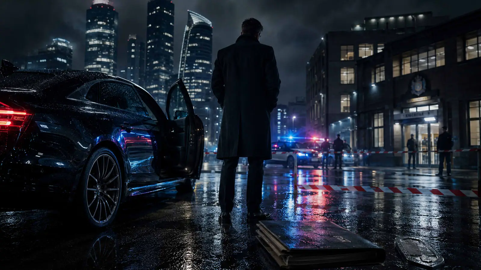 Обложка теста по сериалу «Мажор» с мужчиной у автомобиля на оцепленной дождливой улице, полицейскими огнями и небоскрёбами ночного города
