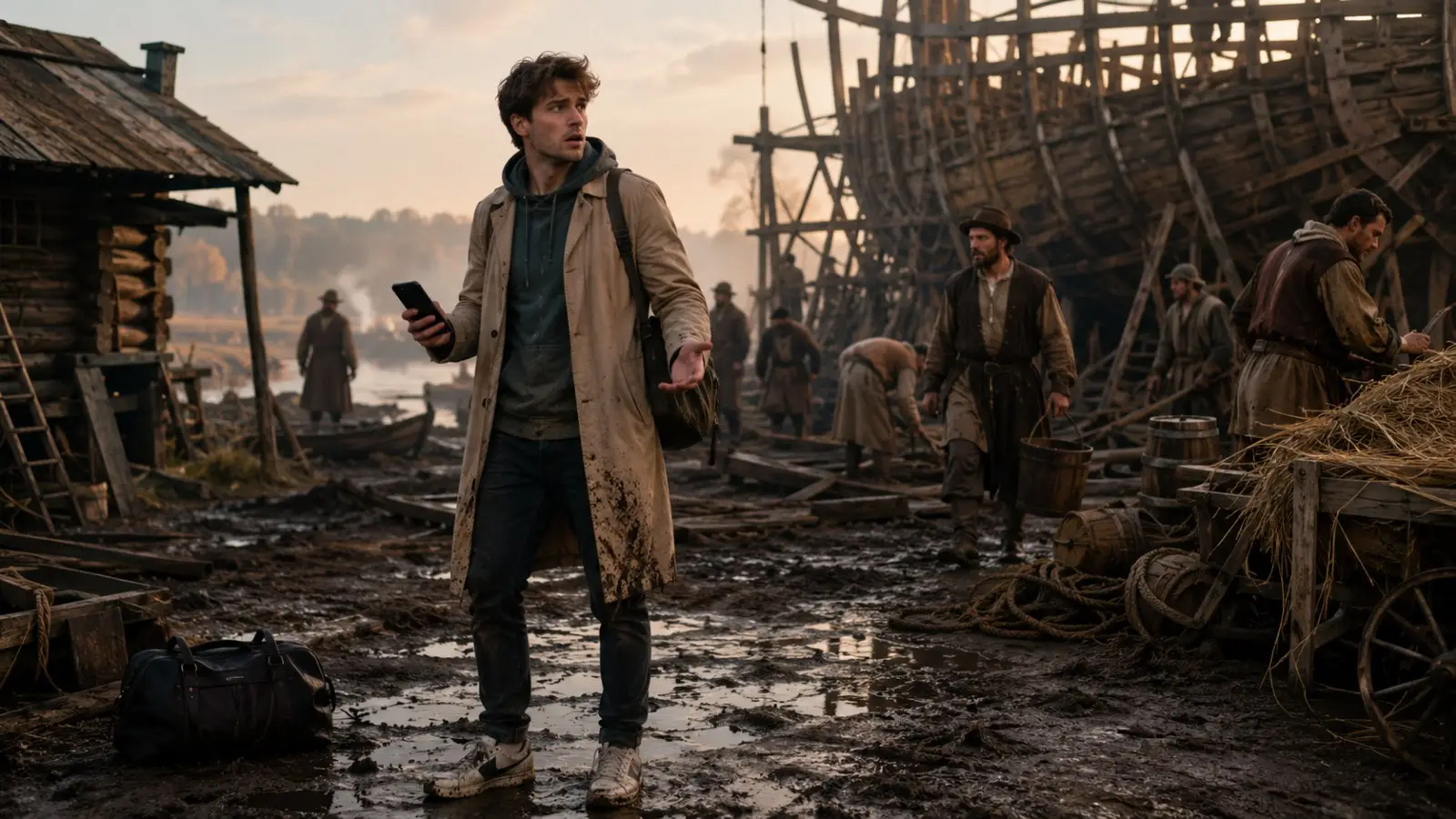 Обложка теста по вселенной «Холоп 3» с современным парнем на грязной верфи среди рабочих и строящегося корабля